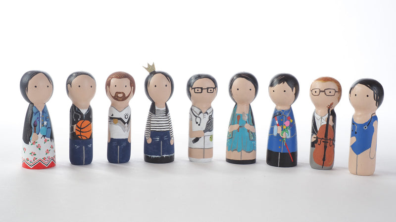 Give something unique and personalized.  Custom peg dolls of your family!  They are hand-painted that show the uniqueness of each individual in your family.  This will definitely touch the heart and bring smiles, may be even happy tears to your family.   These are great for parent's gifts, grandparent’s gifts, birthdays, anniversary gifts, couples’ gifts, or any other occasions.