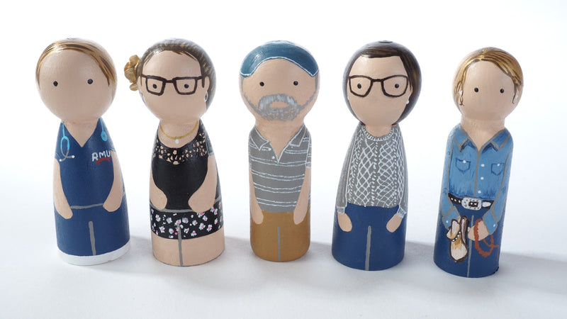 Give something unique and personalized.  Custom peg dolls of your family!  They are hand-painted that show the uniqueness of each individual in your family.  This will definitely touch the heart and bring smiles, may be even happy tears to your family.   These are great for parent's gifts, grandparent’s gifts, birthdays, anniversary gifts, couples’ gifts, or any other occasions.