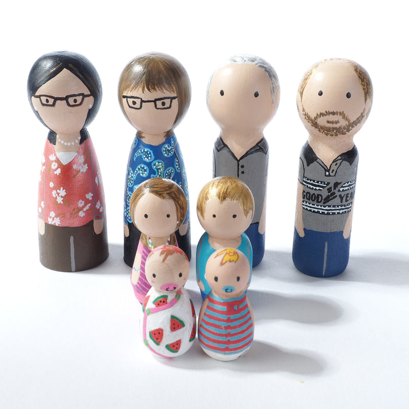 Give something unique and personalized.  Custom peg dolls of your family!  They are hand-painted that show the uniqueness of each individual in your family.  This will definitely touch the heart and bring smiles, may be even happy tears to your family.   These are great for parent's gifts, grandparent’s gifts, birthdays, anniversary gifts, couples’ gifts, or any other occasions.