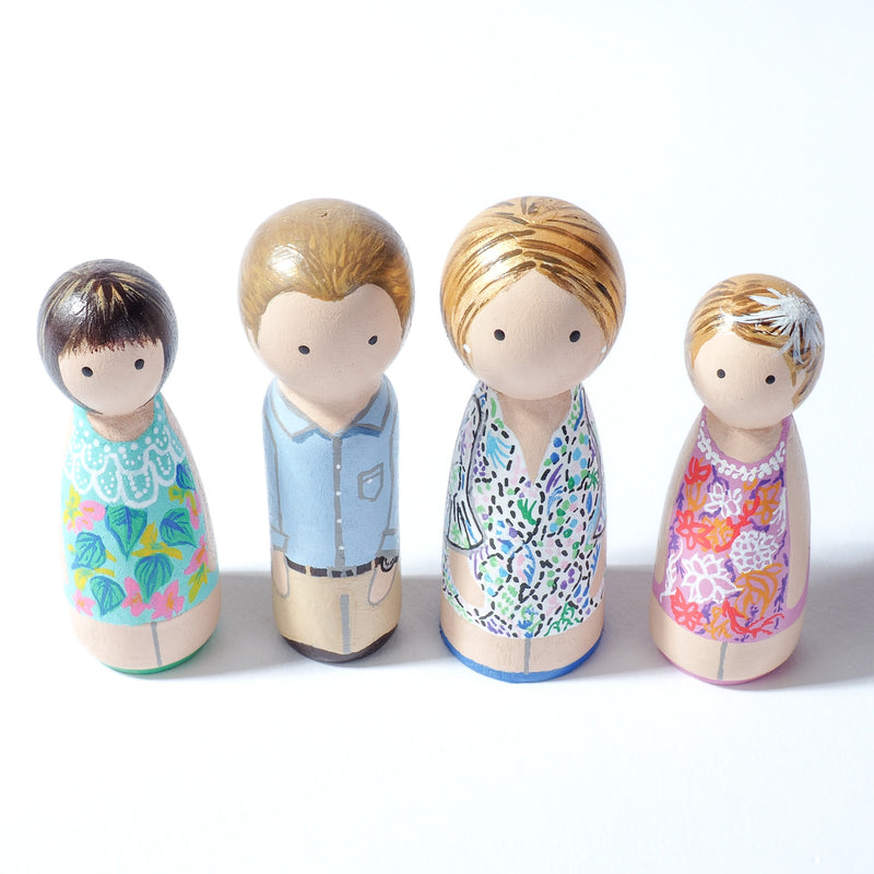 Give something unique and personalized.  Custom peg dolls of your family!  They are hand-painted that show the uniqueness of each individual in your family.  This will definitely touch the heart and bring smiles, may be even happy tears to your family.   These are great for parent's gifts, grandparent’s gifts, birthdays, anniversary gifts, couples’ gifts, or any other occasions.