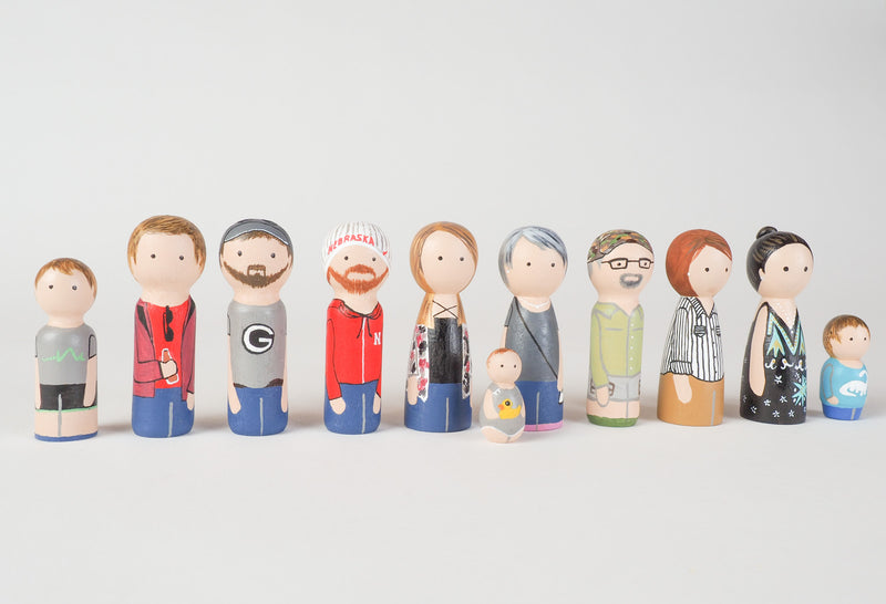 Give something unique and personalized.  Custom peg dolls of your family!  They are hand-painted that show the uniqueness of each individual in your family.  This will definitely touch the heart and bring smiles, may be even happy tears to your family.   These are great for parent's gifts, grandparent’s gifts, birthdays, anniversary gifts, couples’ gifts, or any other occasions.