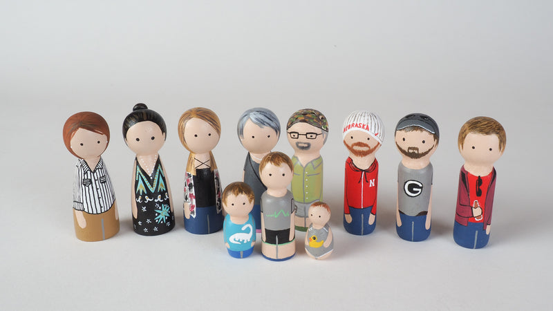 Give something unique and personalized.  Custom peg dolls of your family!  They are hand-painted that show the uniqueness of each individual in your family.  This will definitely touch the heart and bring smiles, may be even happy tears to your family.   These are great for parent's gifts, grandparent’s gifts, birthdays, anniversary gifts, couples’ gifts, or any other occasions.