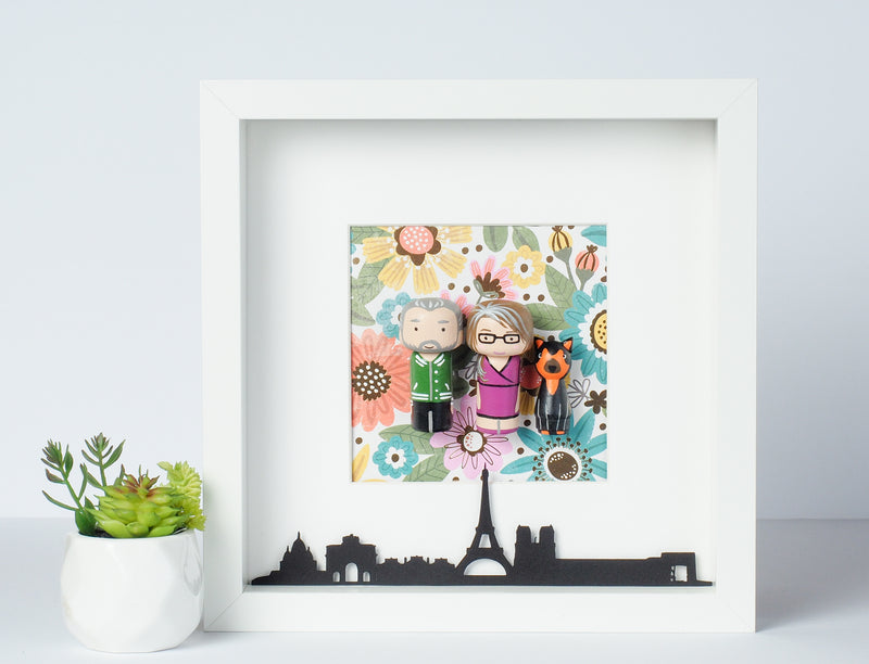 Give something unique and personalized. Custom peg dolls of your family! They are hand-painted that show the uniqueness of each individual in your family. A white shadow frame is included with the city landscape of your hometown! This will definitely touch the heart and bring smiles, may be even happy tears of your loved ones.  These are great for parents, grandparent’s gifts, birthdays, anniversary gifts, couples’ gifts, or any other occasions.