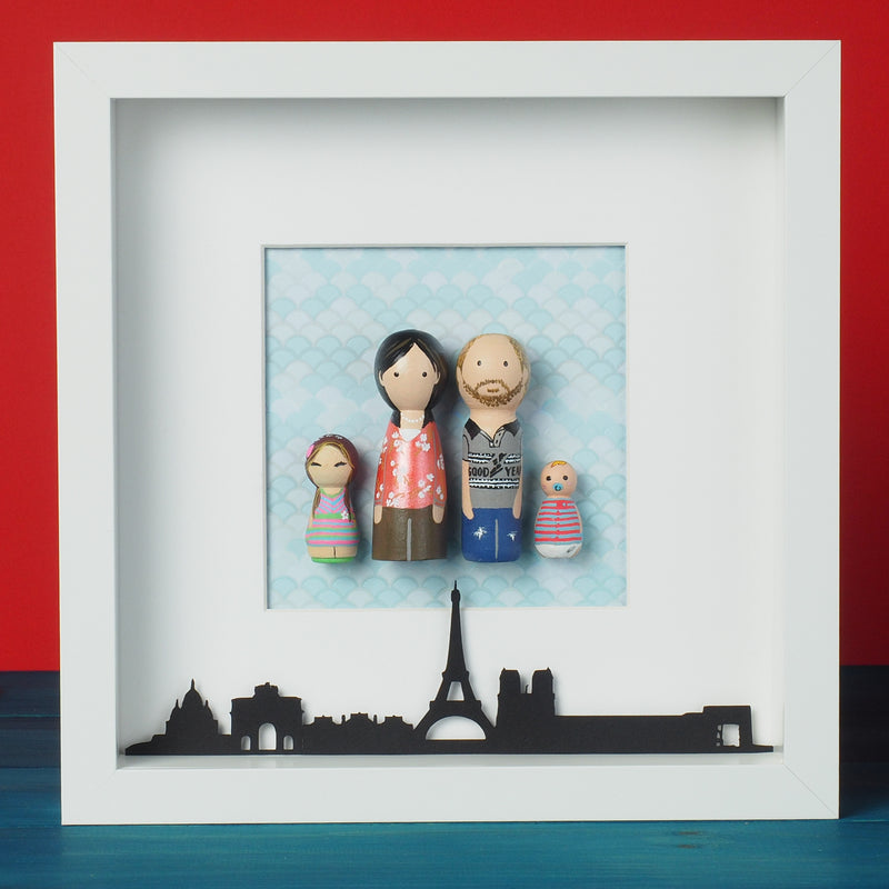 Give something unique and personalized. Custom peg dolls of your family! They are hand-painted that show the uniqueness of each individual in your family. A white shadow frame is included with the city landscape of your hometown! This will definitely touch the heart and bring smiles, may be even happy tears of your loved ones.  These are great for parents, grandparent’s gifts, birthdays, anniversary gifts, couples’ gifts, or any other occasions.