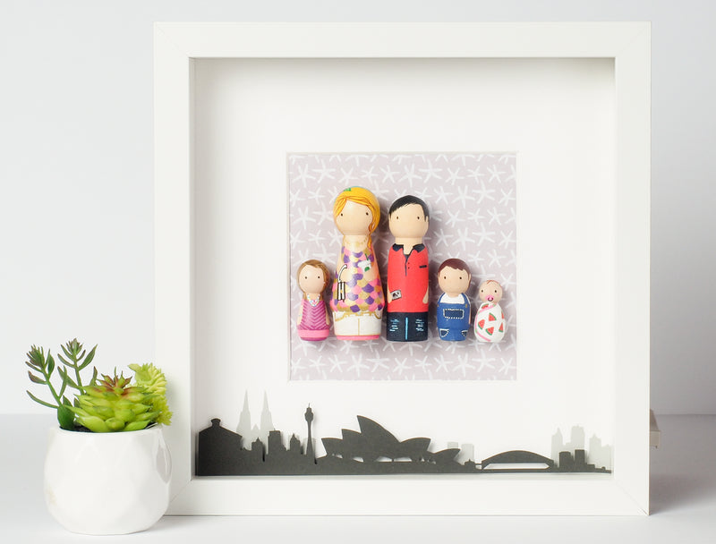 Family Portrait on Mini wooden dolls - Custom Kokeshi doll with city landscape