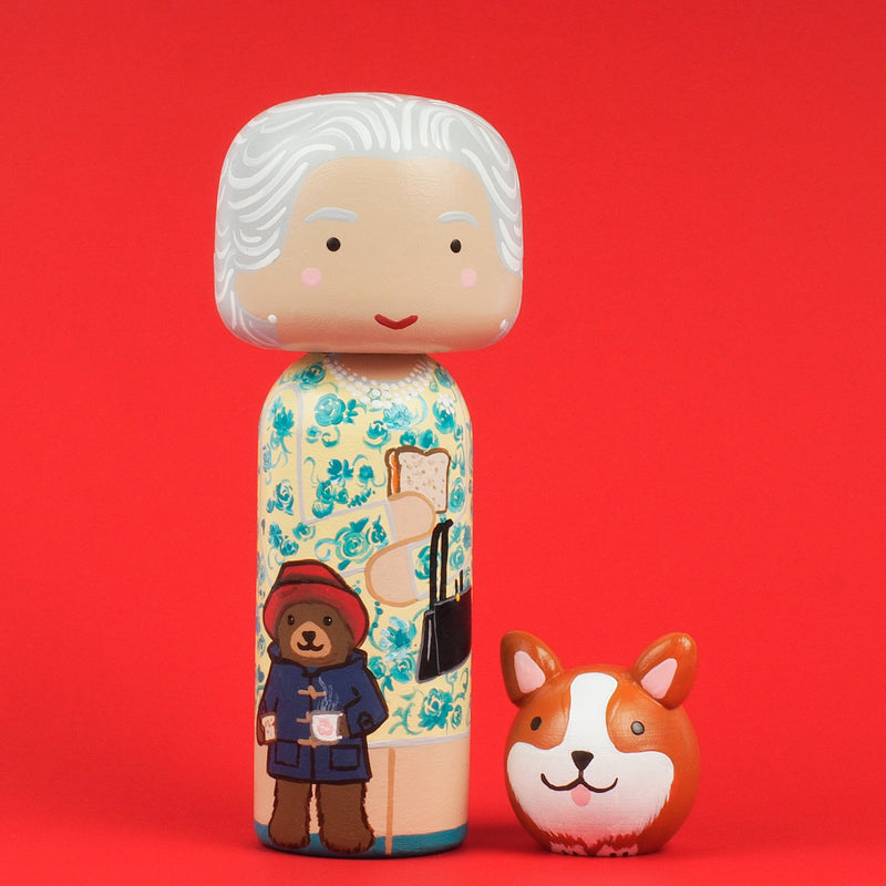 Queen Elizabeth Kokeshi peg doll.  Hand painted.