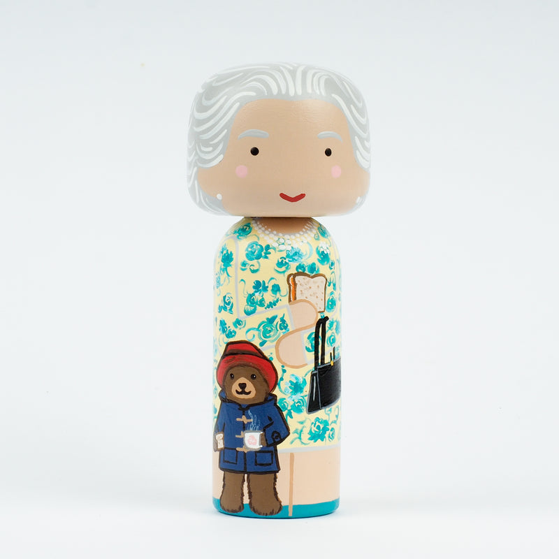 Queen Elizabeth Kokeshi peg doll.  Hand painted.