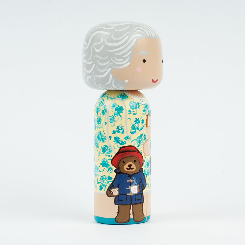 Queen Elizabeth Kokeshi peg doll.  Hand painted.