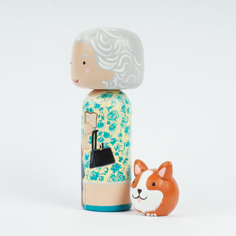 Queen Elizabeth Kokeshi peg doll.  Hand painted.