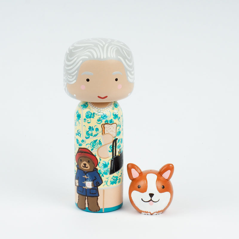 Queen Elizabeth Kokeshi peg doll.  Hand painted.