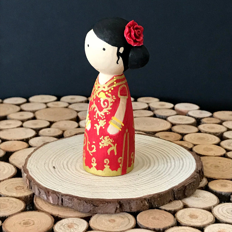 Chinese Wedding Peg Dolls.  Customized wedding cake topper!  These cute peg dolls show the unique sides of you and your partner.  A great touch of personality to your wedding.  They will WOW your guests.  Also, what a great keepsake it would be!  These are also great for anniversary gifts, couples’ gifts, bridal showers, or any other occasions.  We hand-paint the peg dolls to match your wedding attires and culture.