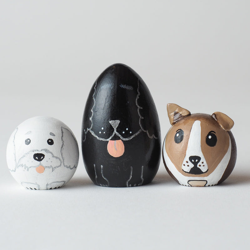 Dog Peg Dolls – Unique pet portrait for pet owners.  Custom dog portrait on a wooden peg doll!  The pet peg doll is hand-painted that show the uniqueness of the pet.  What a unique gift for pet owners or for yourself.  Perfect and unique gift for dog lovers!  It is also a great gift for pet memorials.  It will touch the heart.