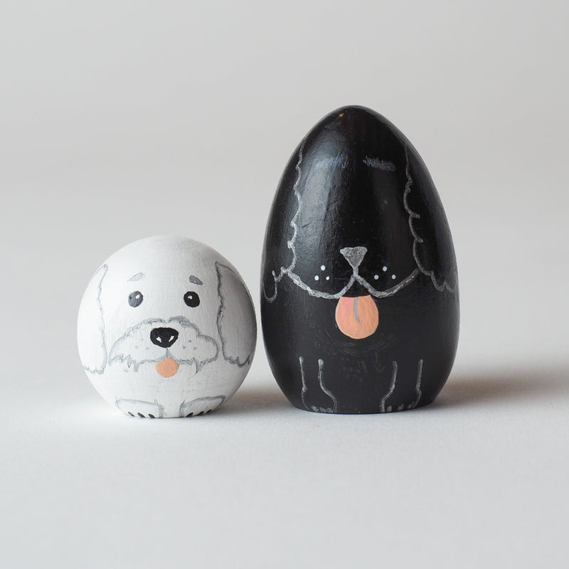 White Dog Peg Dolls – Unique pet portrait for pet owners.  Custom dog portrait on a wooden peg doll!  The pet peg doll is hand-painted that show the uniqueness of the pet.  What a unique gift for pet owners or for yourself.  Perfect and unique gift for dog lovers!  It is also a great gift for pet memorials.  It will touch the heart.