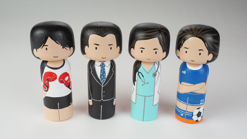 Custom Super Dad Kokeshi doll.   2 designs-in-1 doll.