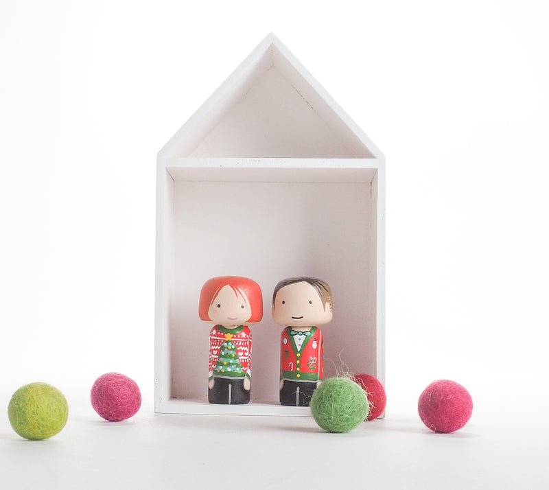 Ugly Christmas Sweater Family Peg Dolls and mini Kokeshi - Mini Family Portrait