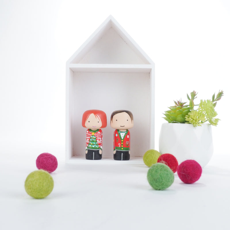 Ugly Christmas Sweater Family Peg Dolls and mini Kokeshi - Mini Family Portrait