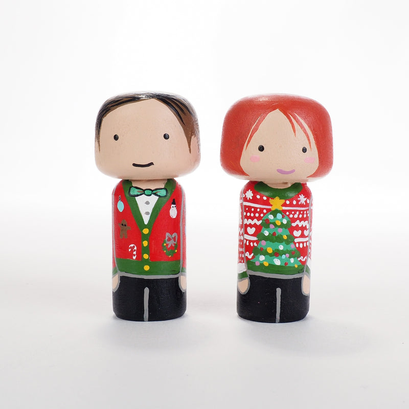 Ugly Christmas Sweater Family Peg Dolls and mini Kokeshi - Mini Family Portrait