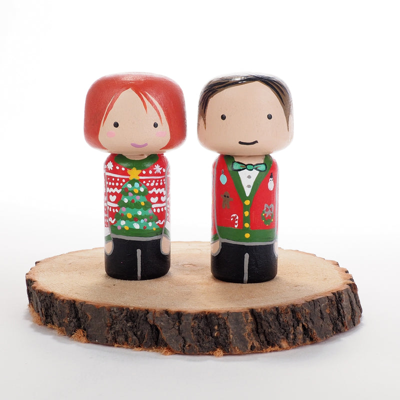 Ugly Christmas Sweater Family Peg Dolls and mini Kokeshi - Mini Family Portrait