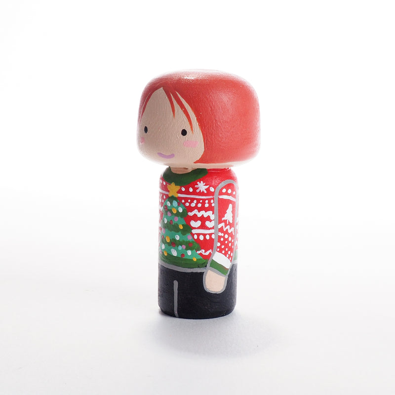 Ugly Christmas Sweater Family Peg Dolls and mini Kokeshi - Mini Family Portrait