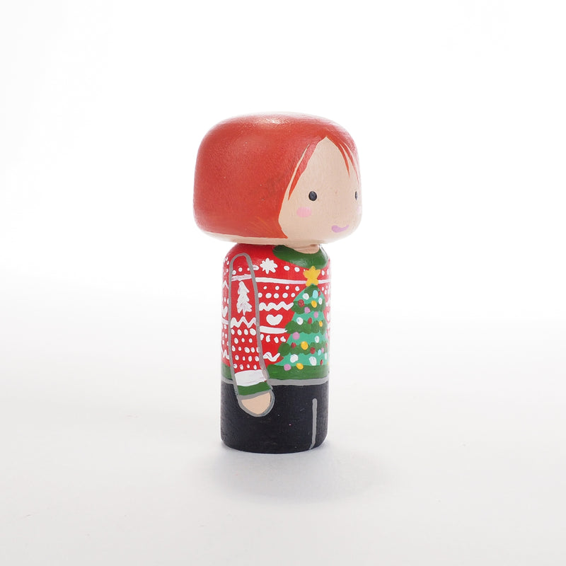 Ugly Christmas Sweater Family Peg Dolls and mini Kokeshi - Mini Family Portrait